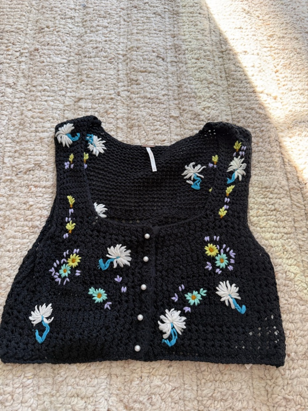 Free People Black Crocheted Floral Embroidered Tank